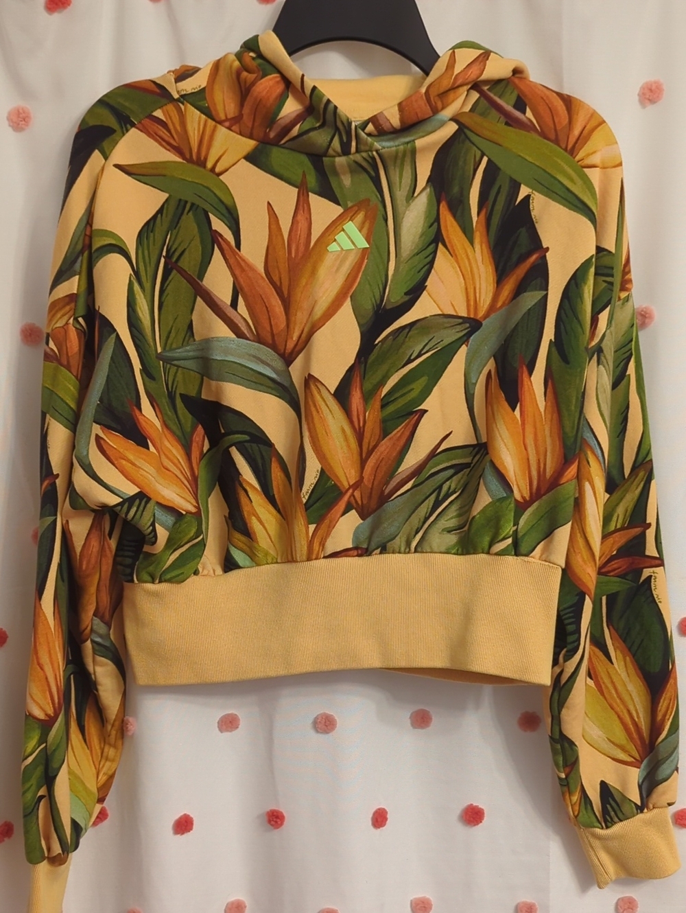 adidas Yellow Tropical Print Cropped Hoodie Sweater